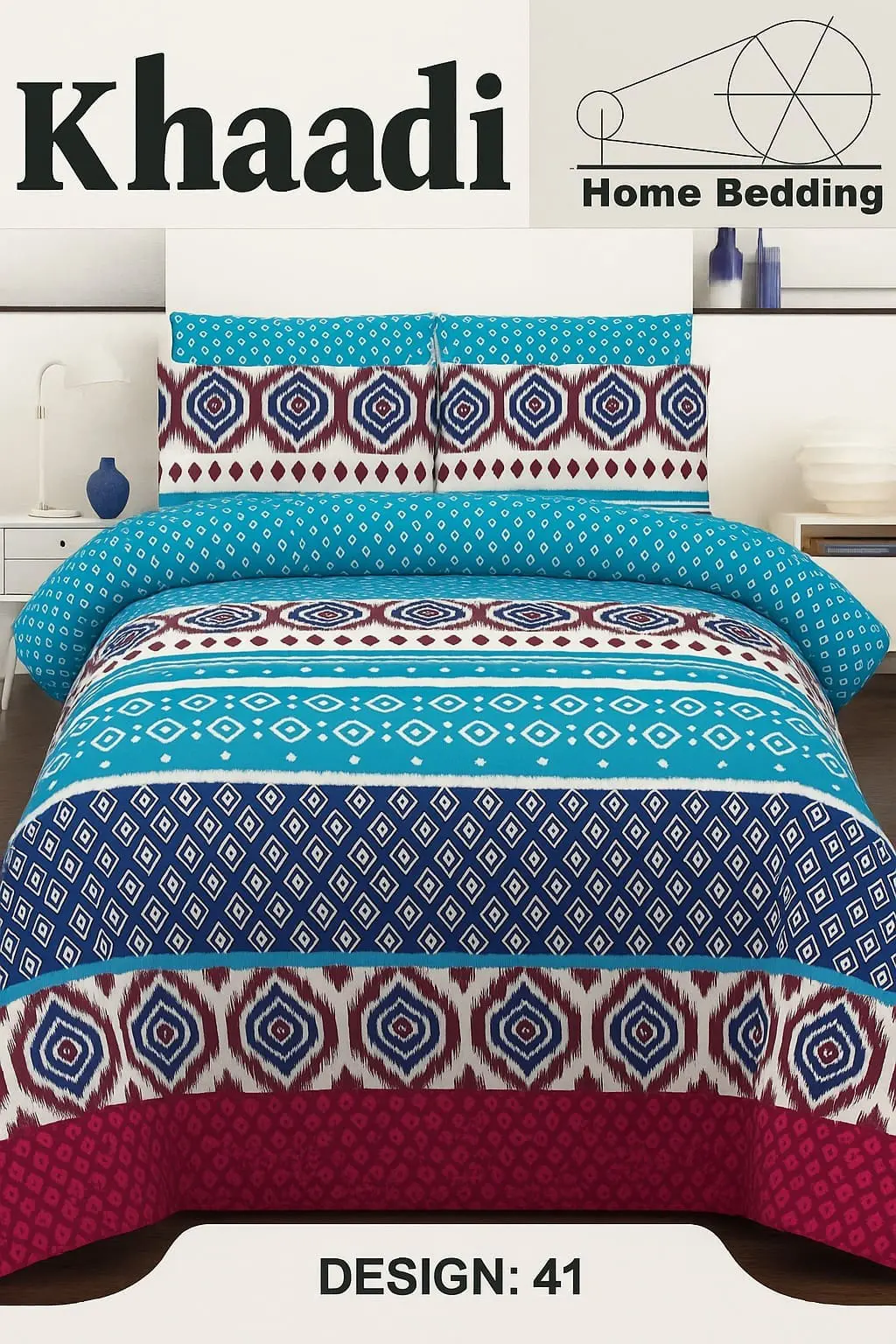Khaadi multicolor 3-piece cotton bed sheet with pillow covers in blue, navy, and mehroon tones