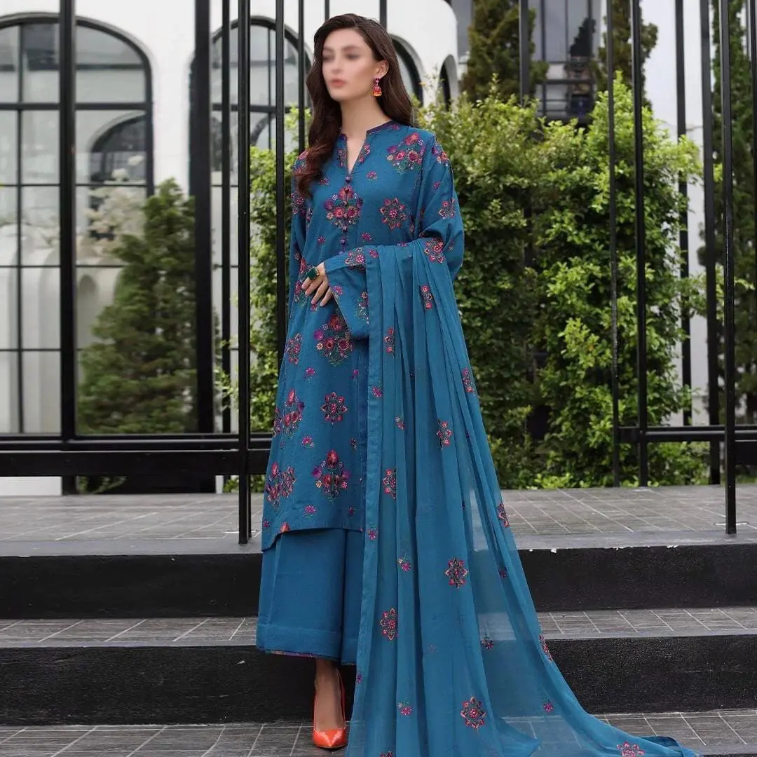 Laam Blue 3pc Lawn Suit with bamber Dupatta - Image 2