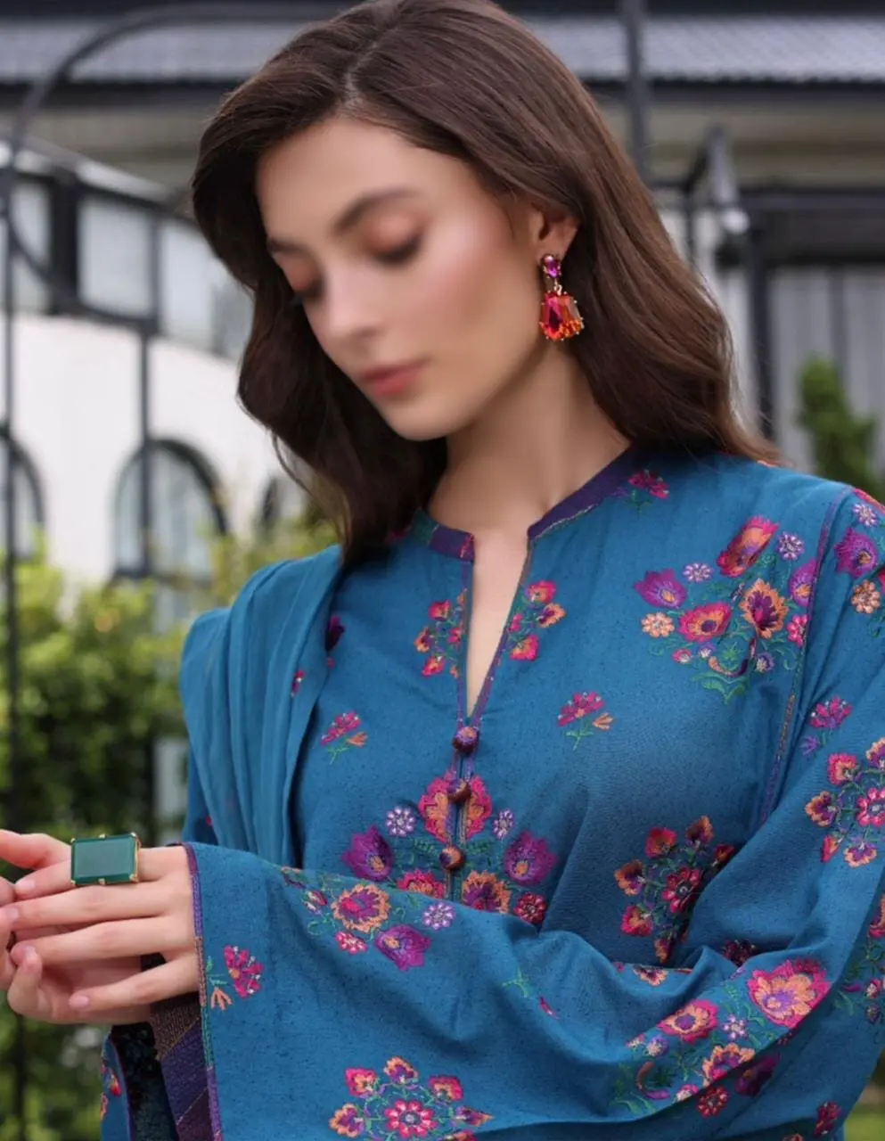 Laam Blue 3pc Lawn Suit with bamber Dupatta - Image 3