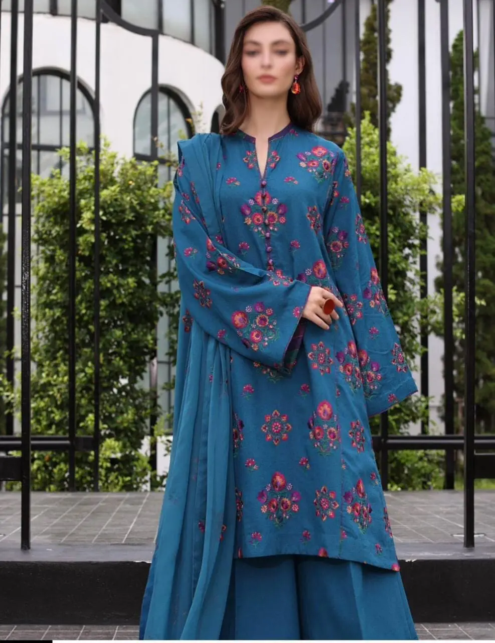 Laam Blue Embroidered Lawn 3-Piece Suit with Bamber Chiffon Dupatta – Summer Collection