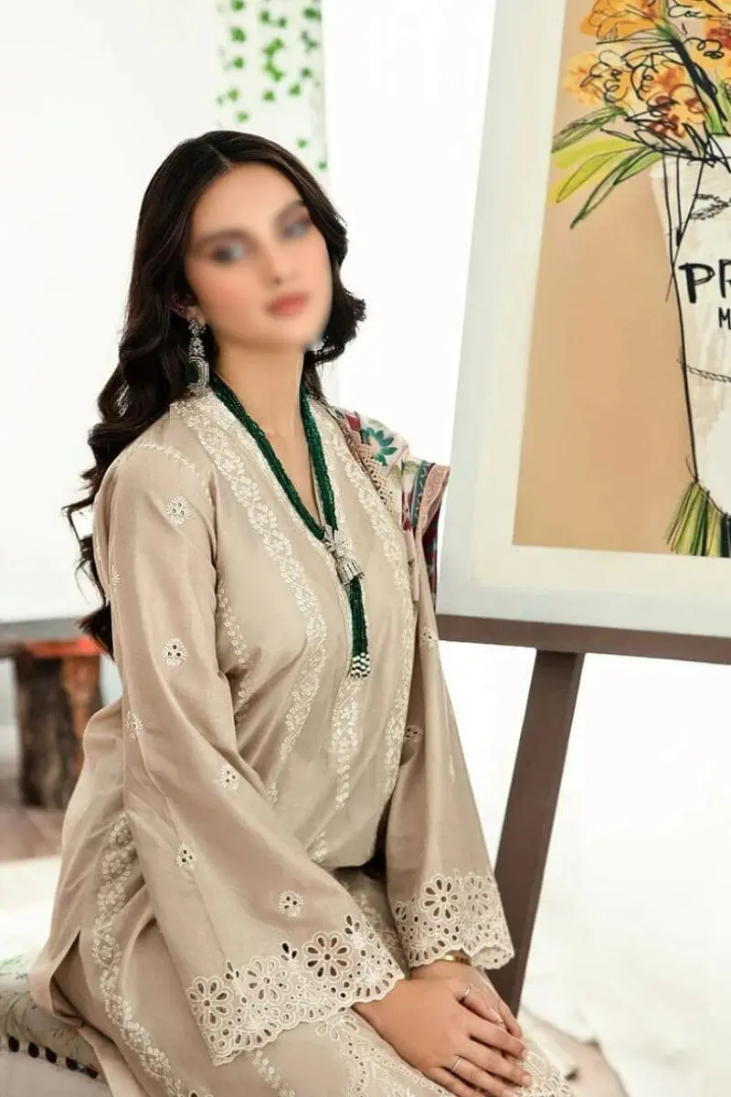 Model wearing Maria B embroidered lawn suit Design 6062 – front closeup
