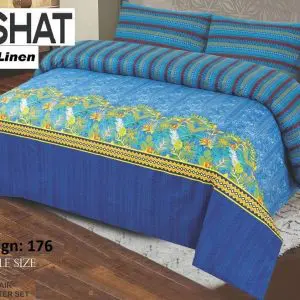 Nishat 3 piece cotton bed sheet set with blue base and tropical floral border