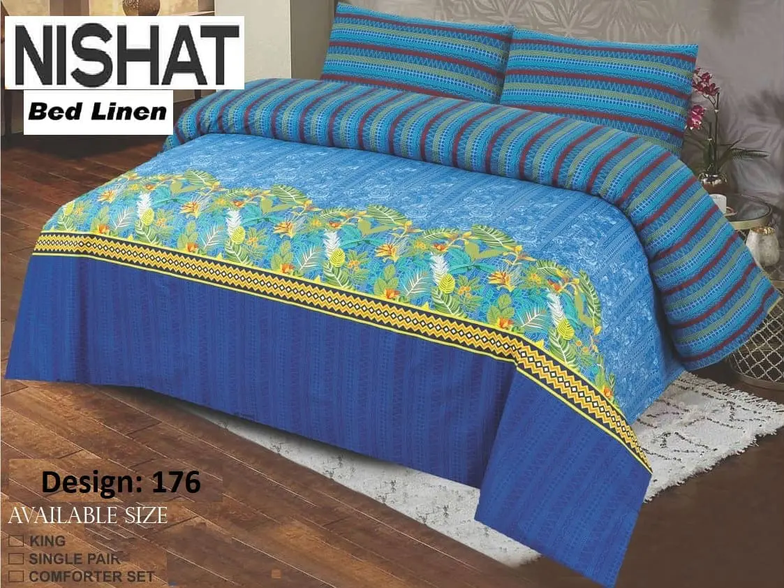 Nishat 3 piece cotton bed sheet set with blue base and tropical floral border