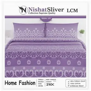 Nishat Sliver Design 272 bed sheet set in purple and white with ornamental pattern and matching pillow covers