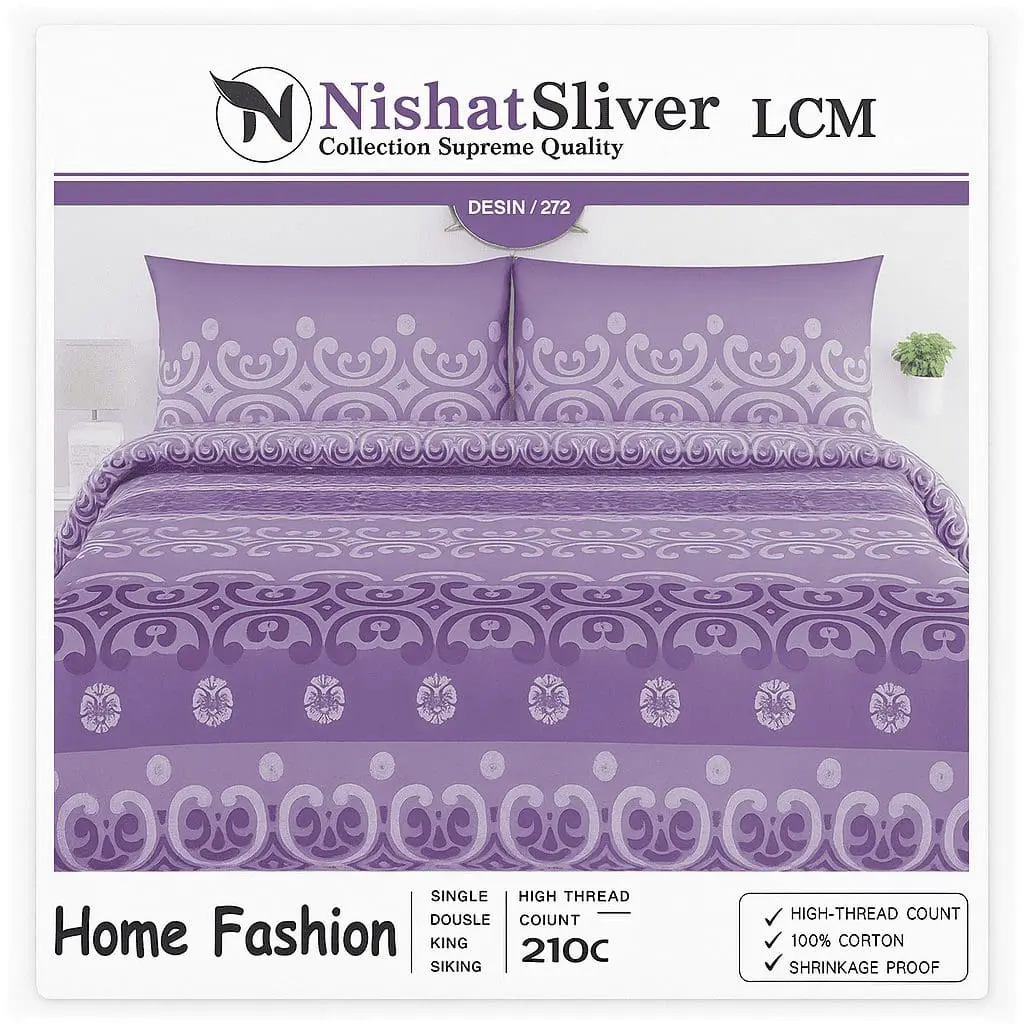 Nishat Sliver Design 272 bed sheet set in purple and white with ornamental pattern and matching pillow covers