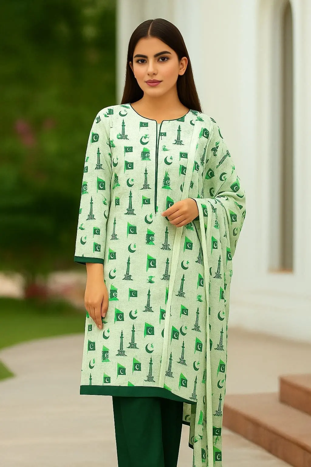 14 August Unstitched 2 Piece Lawn Suit Green White - Image 5