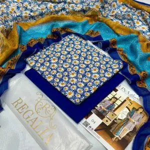 Safina Regalia Design 04 – Blue Mustard Printed 3 Piece Lawn Suit with Lawn Dupatta (2025 Collection)