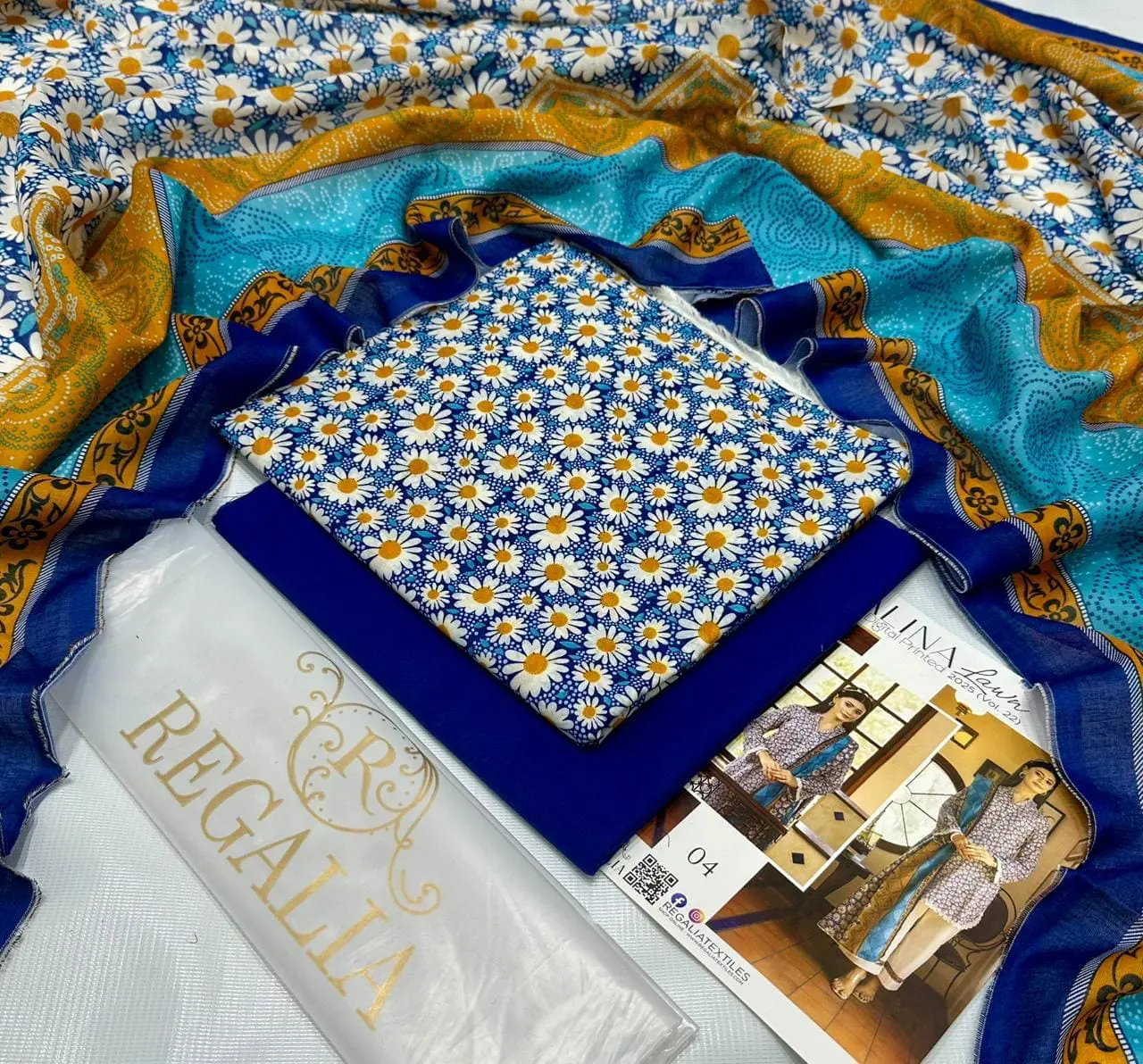Safina Regalia Design 04 – Blue Mustard Printed 3 Piece Lawn Suit with Lawn Dupatta (2025 Collection)
