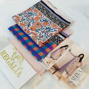 Safina Regalia Design 09 – Peach Color Printed 3 Piece Lawn Suit with Lawn Dupatta (Unstitched – Summer 2025 Collection)