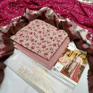 Safina Regalia Design 12 – Light Pink Floral Lawn Suit with Mehroon Dupatta – 3 Piece Unstitched (2025 Collection)