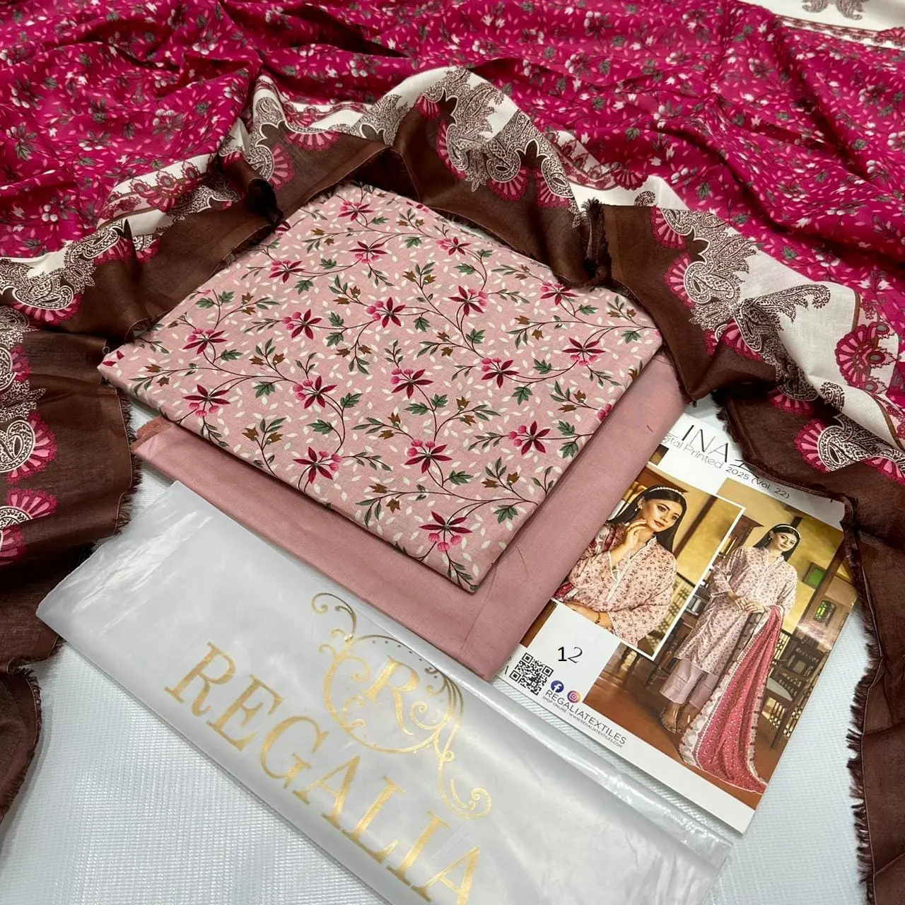 Safina Regalia Design 12 – Light Pink Floral Lawn Suit with Mehroon Dupatta – 3 Piece Unstitched (2025 Collection)