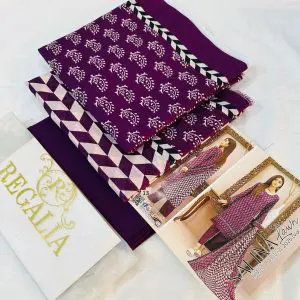 Safina Regalia Design 13 – Purple Check Lawn Suit with Printed Dupatta – Unstitched 3 Piece (2025 Collection)