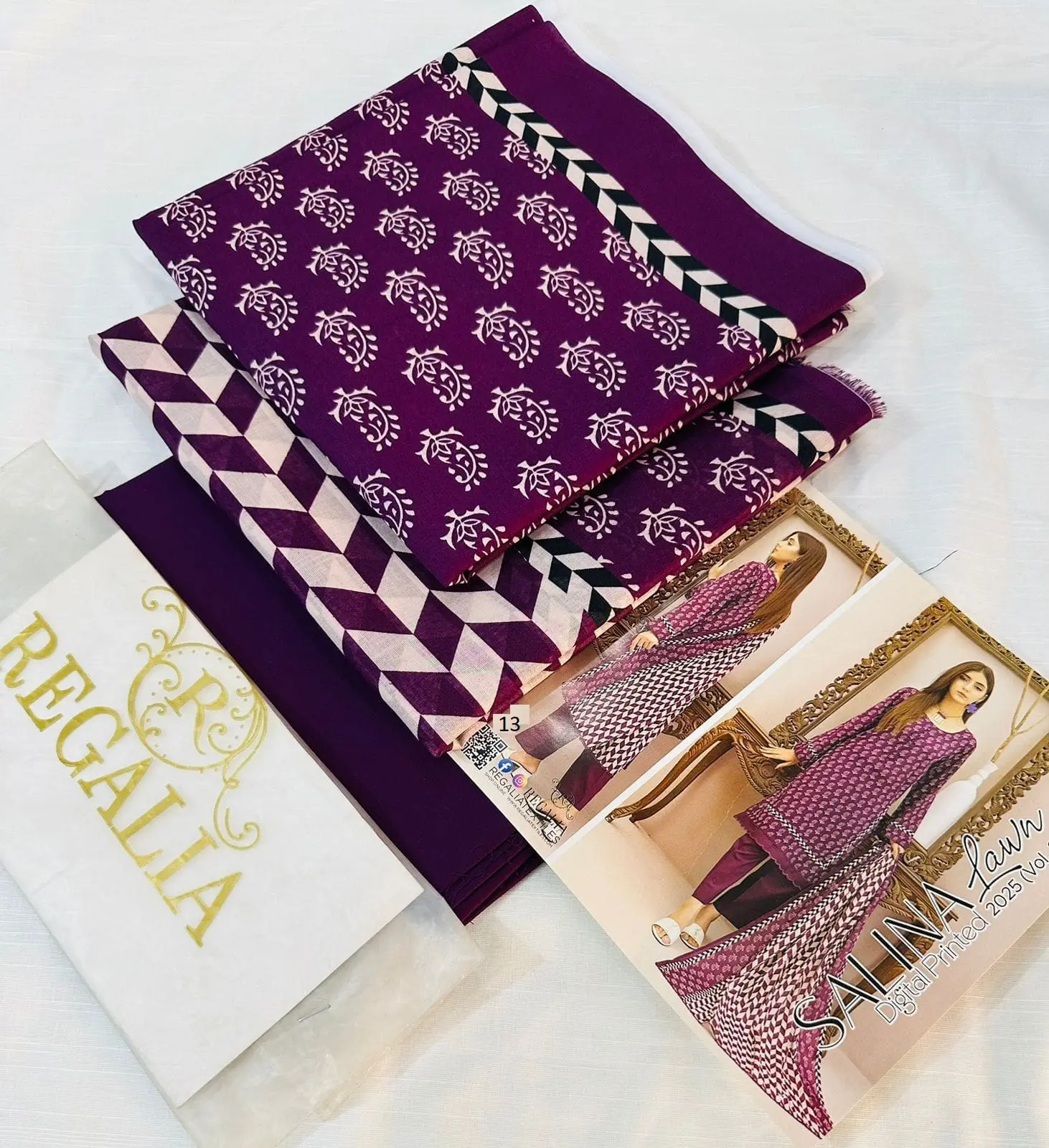 Safina Regalia Design 13 – Purple Check Lawn Suit with Printed Dupatta – Unstitched 3 Piece (2025 Collection)