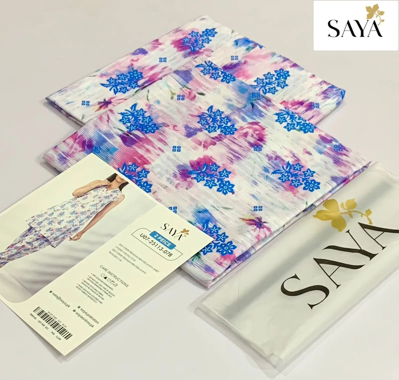 Saya pink blue printed lawn suit