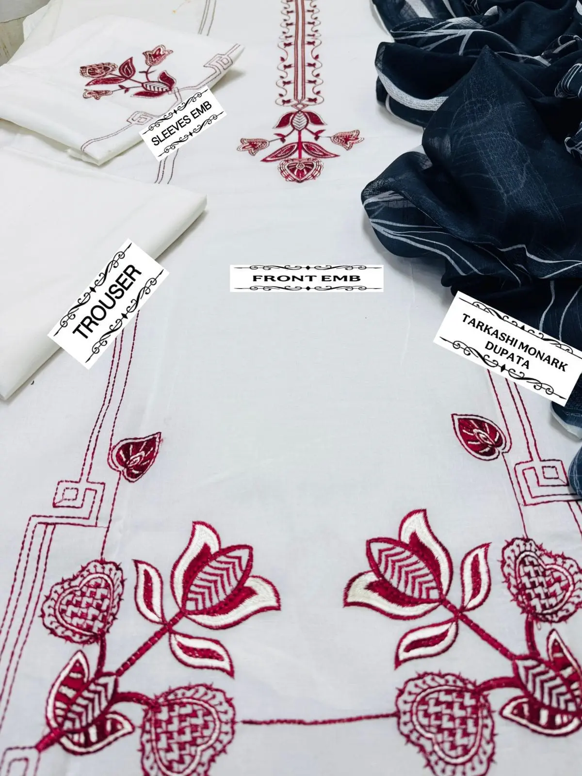 Unstitched Zara Shahjahan lawn suit showing front embroidery, sleeves, trouser and Tarkashi Monark dupatta.