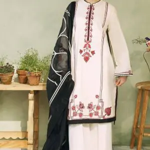 Model wearing Zara Shahjahan white embroidered lawn suit with black Tarkashi dupatta – front full view.