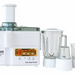 National 4-in-1 Juicer Blender Grinder Machine with copper motor, 3 glass jars on a kitchen countertop – sold by BazarPKR with 5-year warranty and free shipping