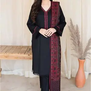 Black embroidered Dhanak 3 piece suit with printed woolen shawl – Winter Collection 2025