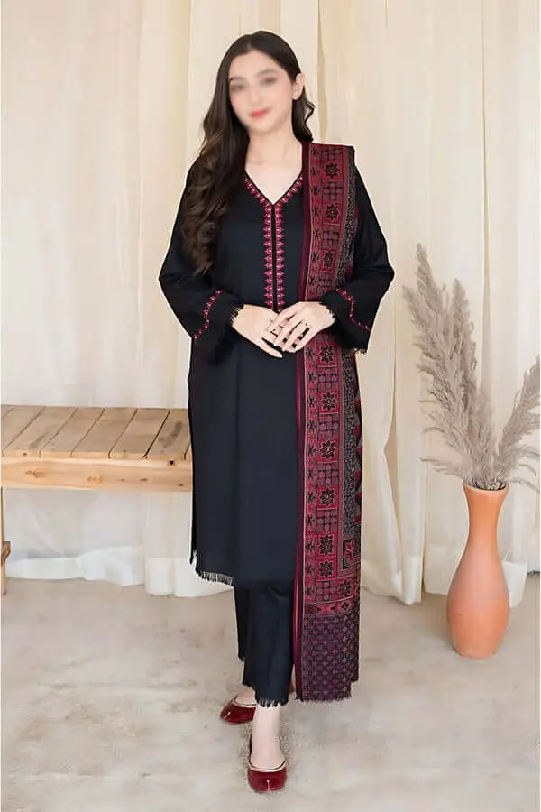 Black embroidered Dhanak 3 piece suit with printed woolen shawl – Winter Collection 2025