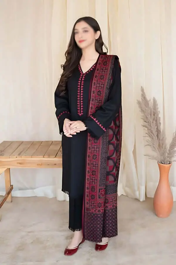 Black 3 Piece Embroidered Dhanak Suit with Printed Wool Shawl - Image 2