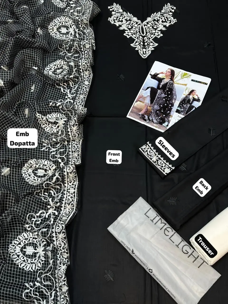 Limelight embroidered linen suit with organza dupatta detail
