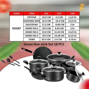 Sonex Elegant Nonstick Cookware Set 18 Pcs Black with Frypan, Wok, Saucepan, Handi, Tawa, and Spoons