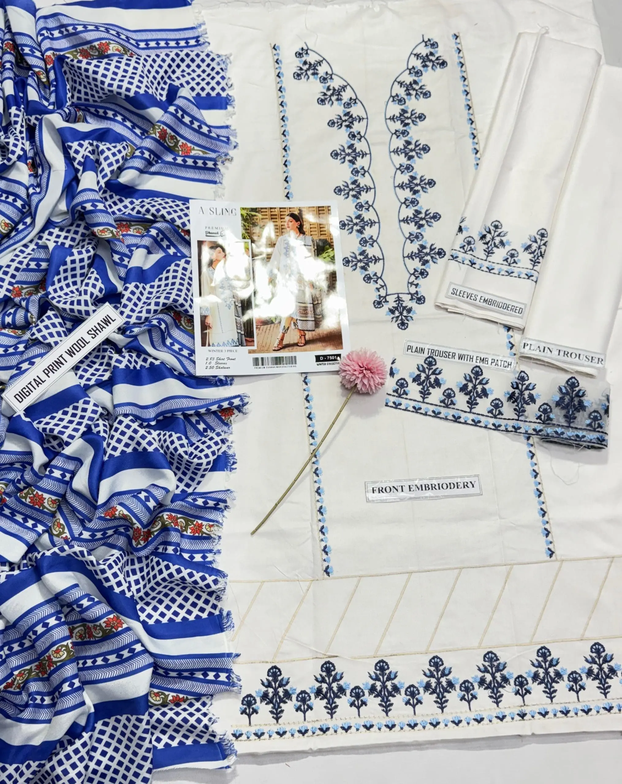 Asling Luxury Winter Collection – 3 Piece Embroidered Dhanak Suit (Code 7501) - Image 4