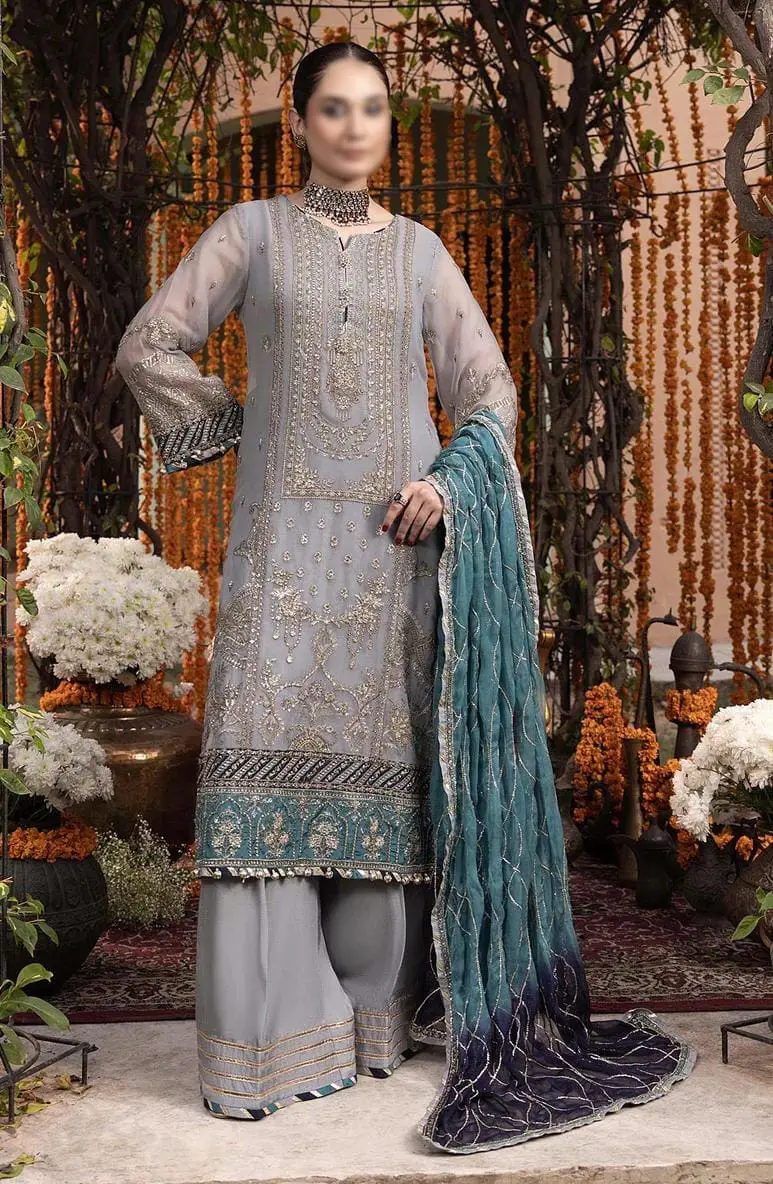 Adan Libas chiffon embroidered unstitched suit Rang-e-Mehfil 005 with pearl work and dupatta