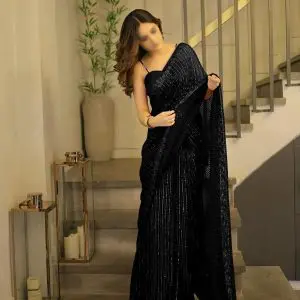 Aiza black semi-pure chiffon embroidered saree with shamos silk blouse, sleeves, and soft trouser – wedding and party wear