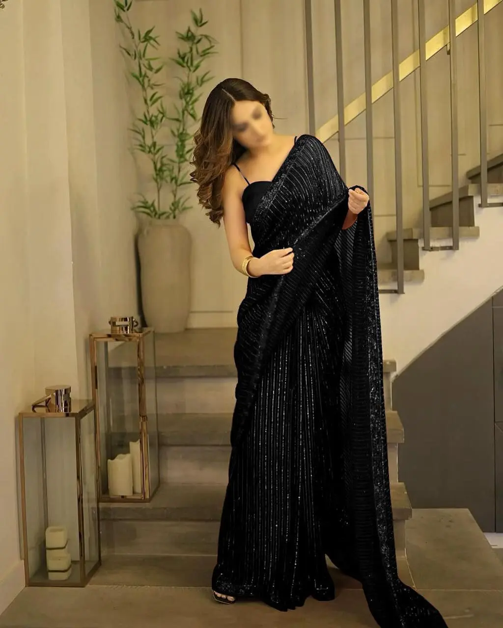 Aiza black semi-pure chiffon embroidered saree with shamos silk blouse, sleeves, and soft trouser – wedding and party wear
