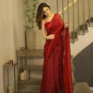 Aiza maroon semi-pure chiffon embroidered saree with shamos silk blouse, sleeves, and soft trouser – wedding and party wear
