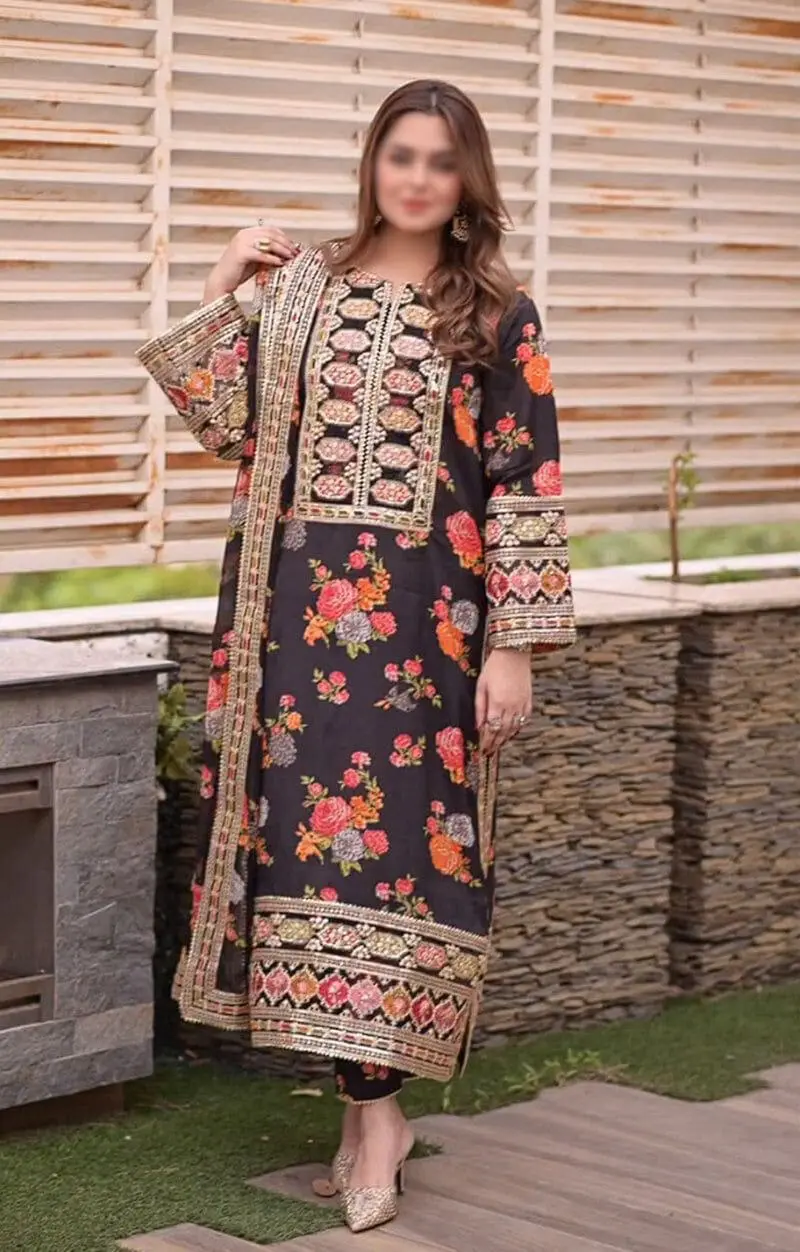 Aneela 3pc Silk Unstitched Suit with Heavy Embroidery