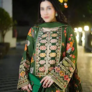 Aneela Green 3pc Silk Unstitched Embroidered Suit