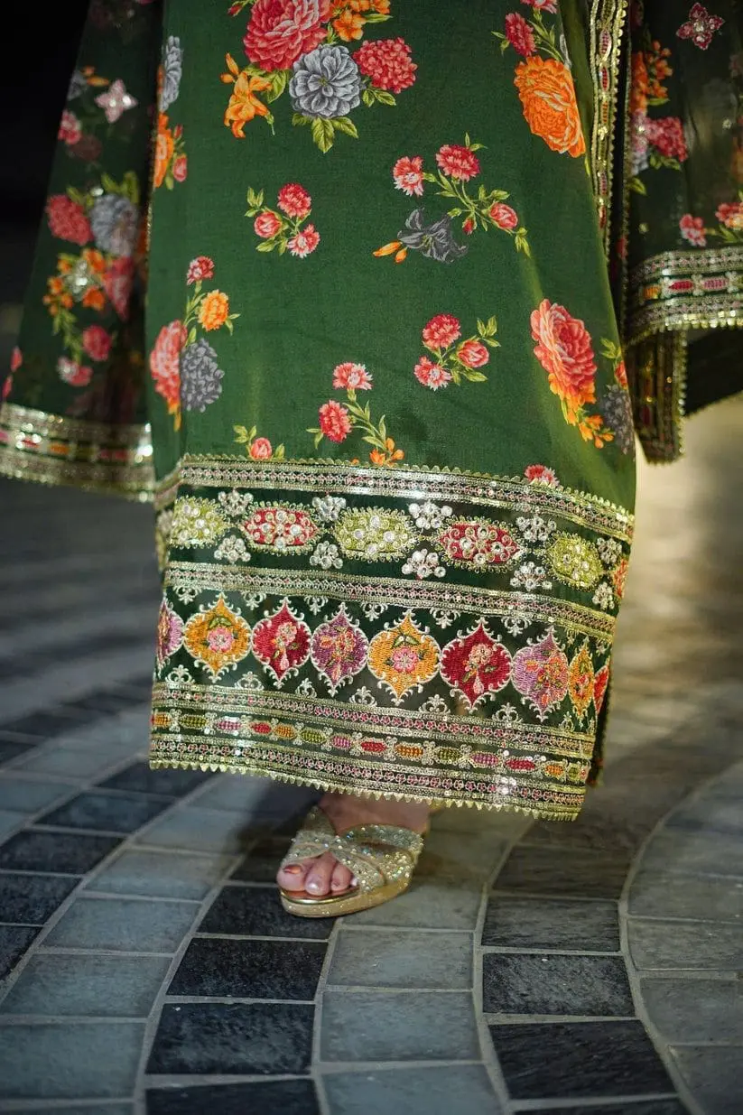 Aneela Green 3pc Unstitched Silk Suit with Heavy Embroidery - Image 3