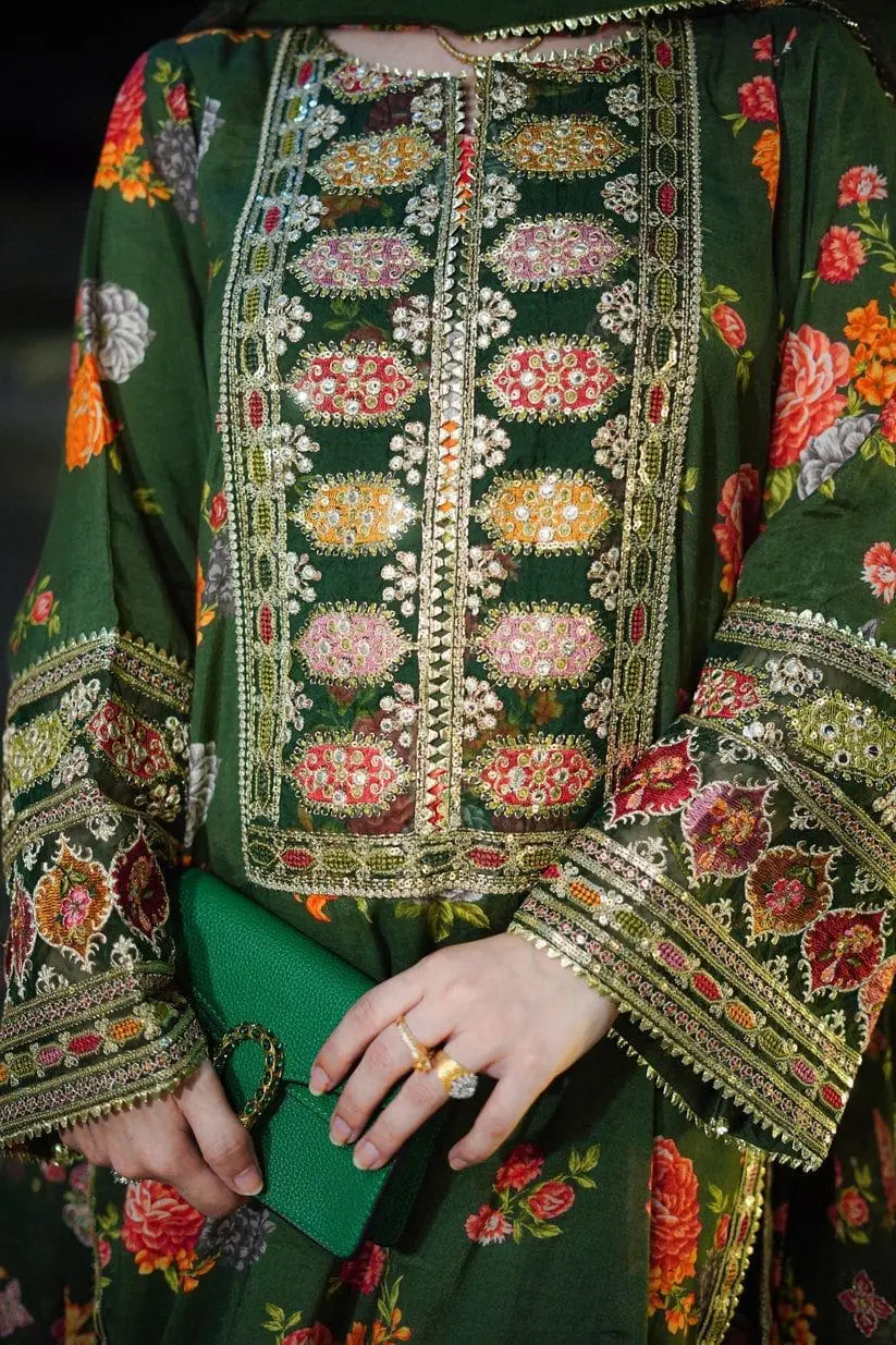 Aneela Green 3pc Unstitched Silk Suit with Heavy Embroidery - Image 2