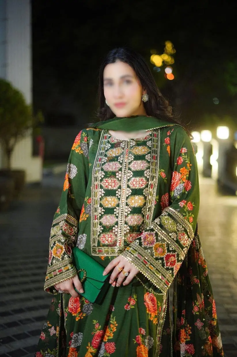 Aneela Green 3pc Silk Unstitched Embroidered Suit
