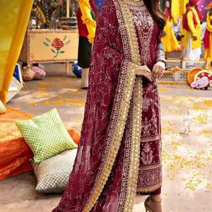 Asim Jofa Unstitched Maroon Chiffon Replica Suit with Malai Trouser