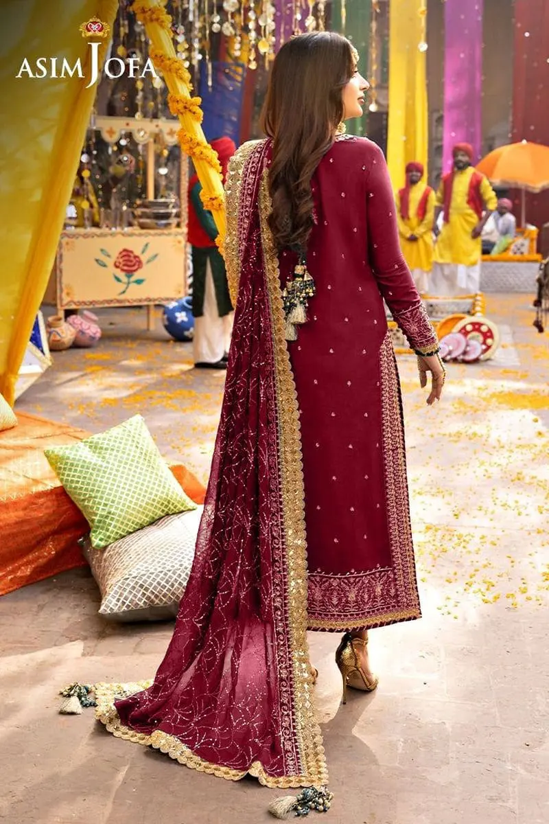 Asim Jofa Replica Maroon Unstitched Chiffon 3 Piece Suit Back View