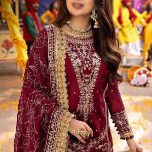 Asim Jofa Replica Maroon Unstitched Chiffon 3 Piece Suit Close Up