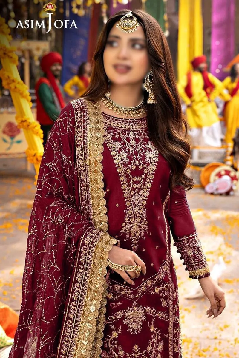 Asim Jofa Replica Maroon Unstitched Chiffon 3 Piece Suit Close Up