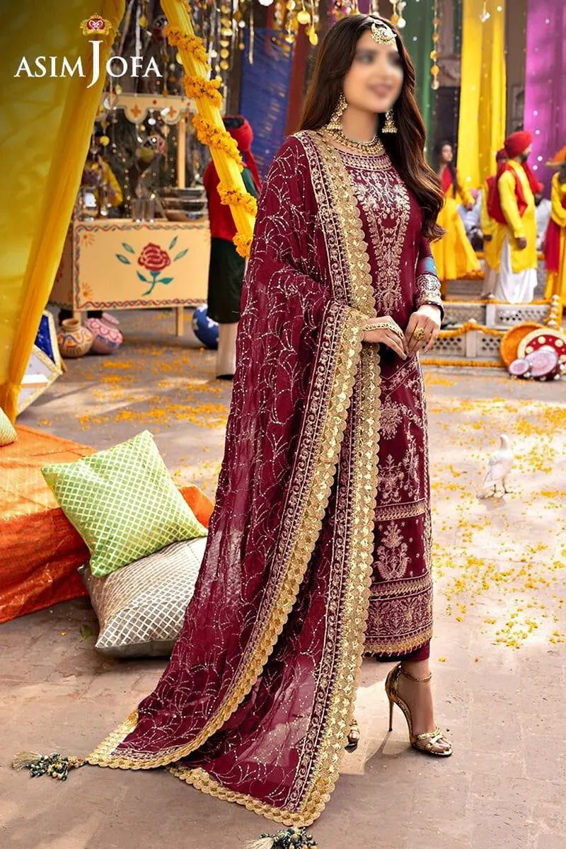 Asim Jofa Unstitched Maroon Chiffon Replica Suit with Malai Trouser
