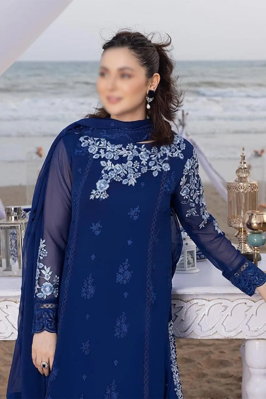 Azure Blue – Embroidered Chiffon Suit with Dupatta - Image 3