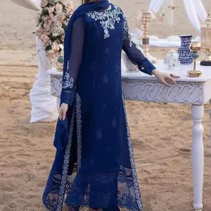 Azure Blue embroidered chiffon suit with 3D sleeves, embroidered dupatta, and malai trouser for weddings and parties