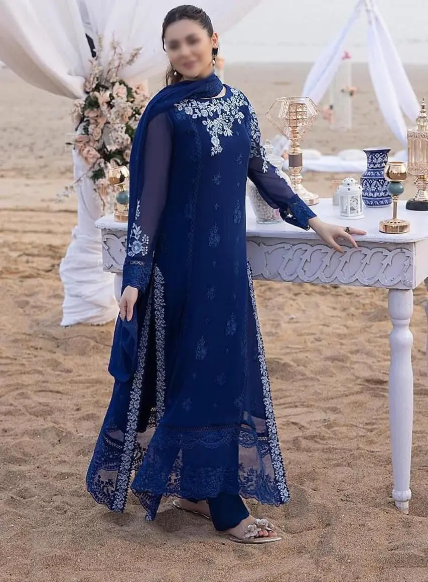 Azure Blue embroidered chiffon suit with 3D sleeves, embroidered dupatta, and malai trouser for weddings and parties