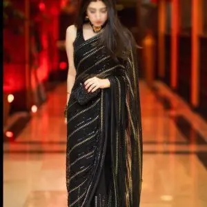 Black chiffon saree with heavy embroidery, pearl work, tassels, and cutwork sleeves – perfect for weddings and parties