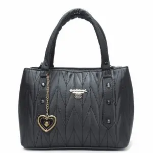Black quilted handbag with gold heart charm front view