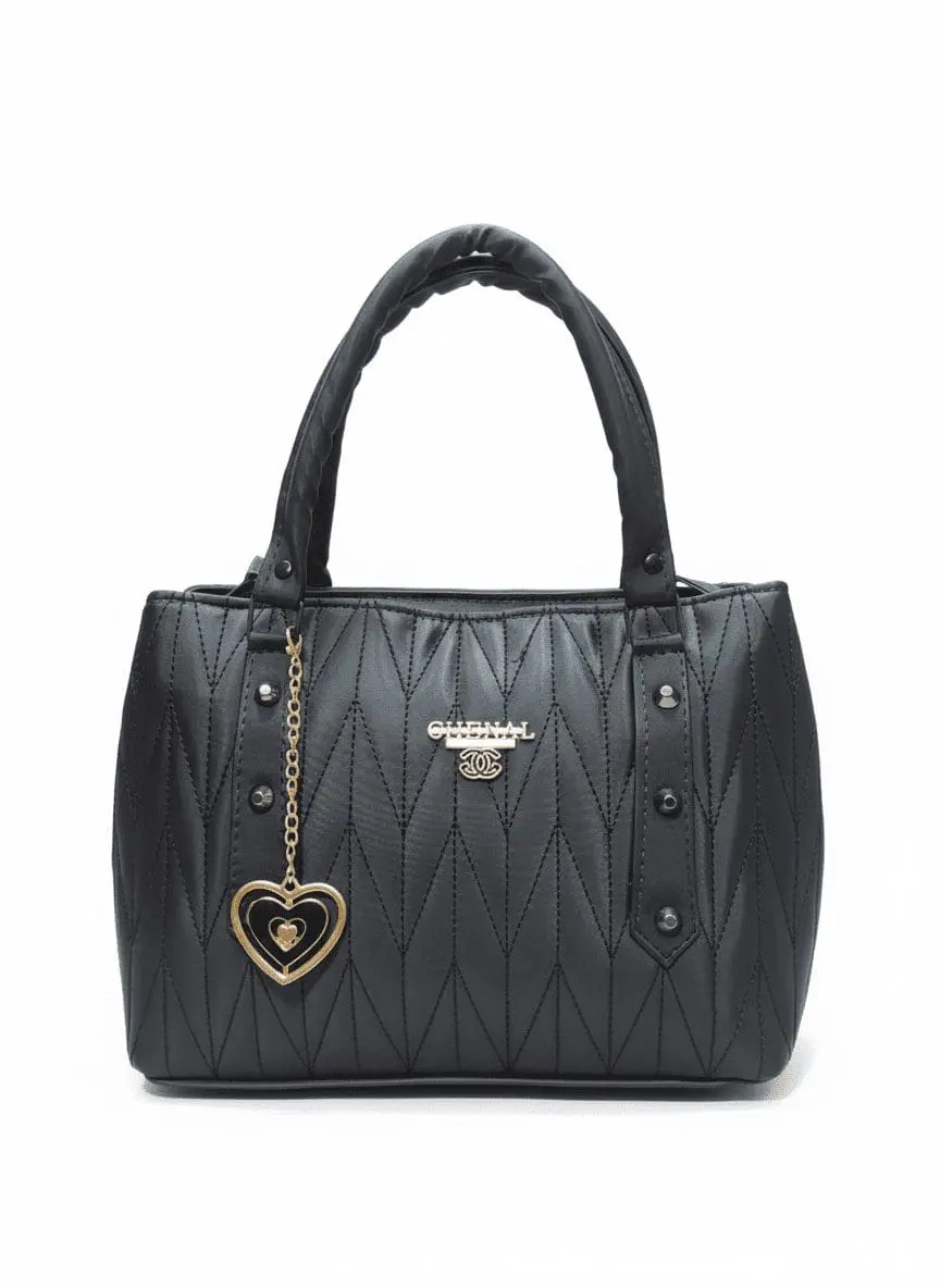 Black quilted handbag with gold heart charm front view