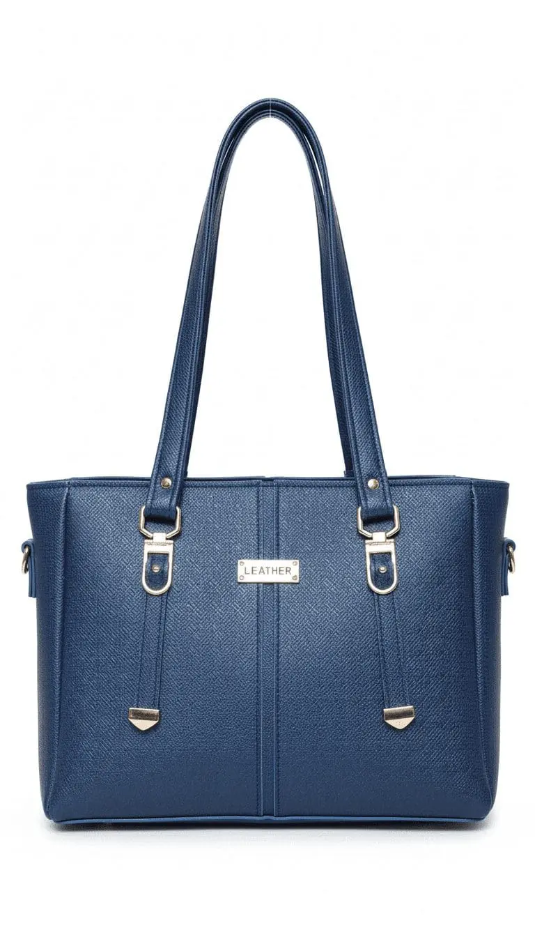 Blue rexine leather handbag for women front view