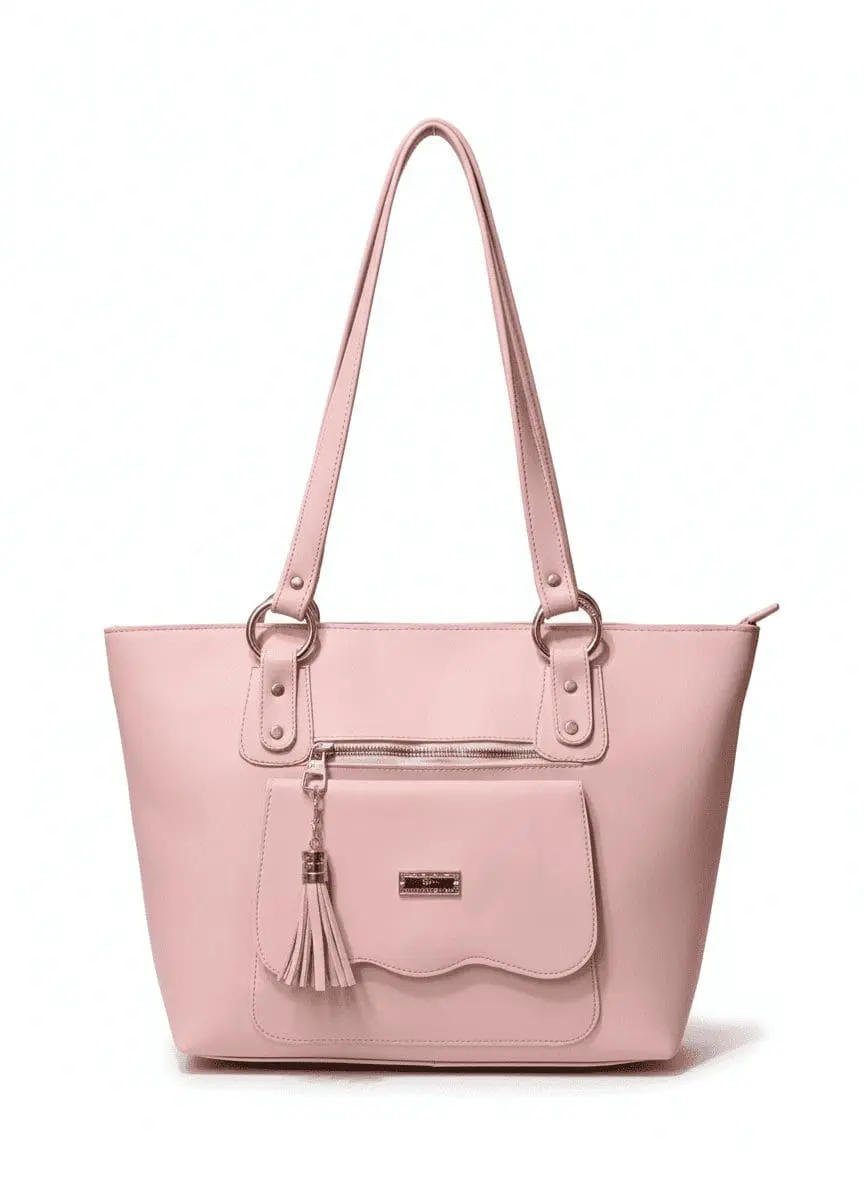 Elegant pink ladies handbag with tassel charm and golden rings