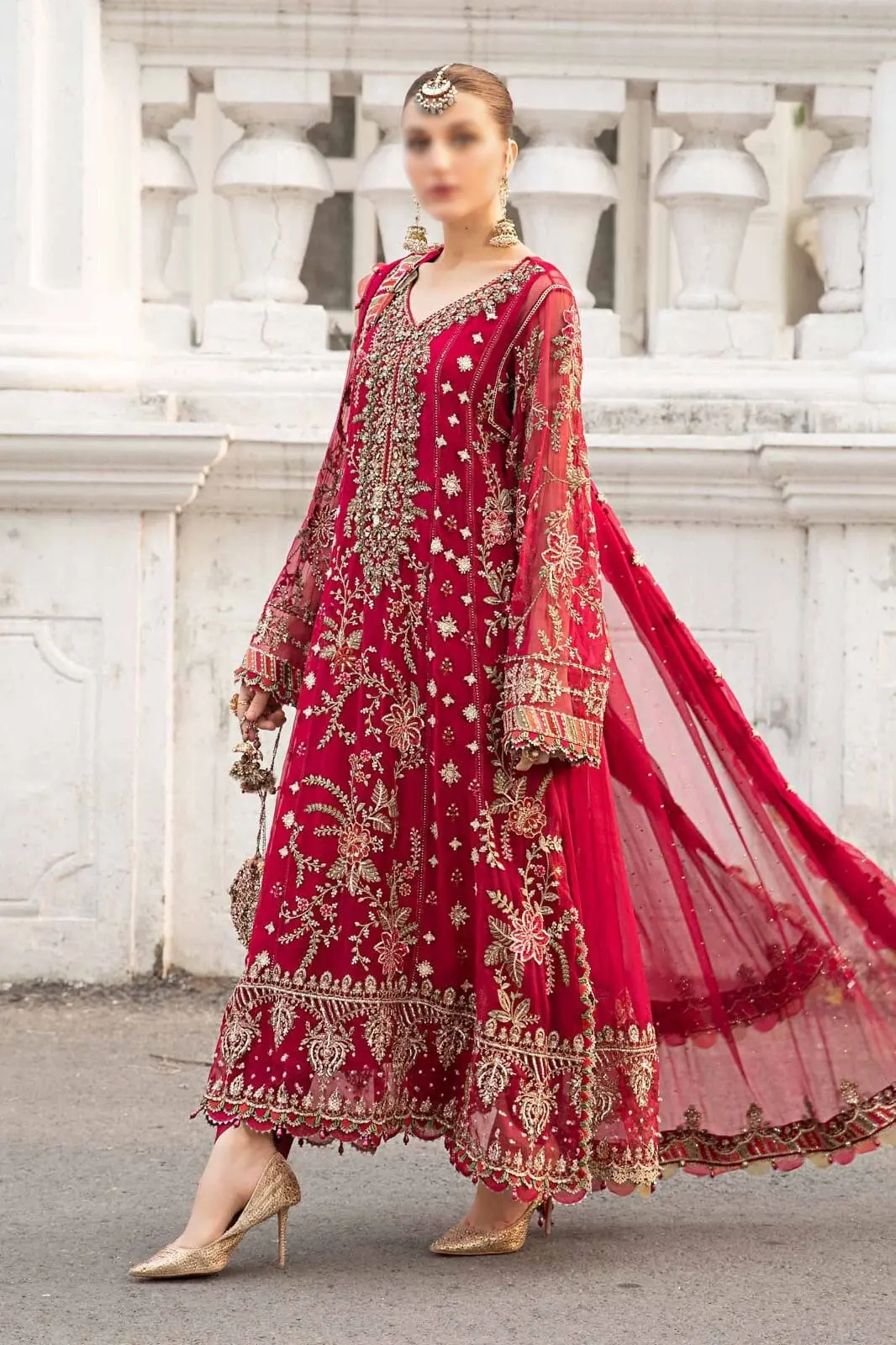 Embroidered Chiffon Wedding Suit with Silk Trouser - Image 2